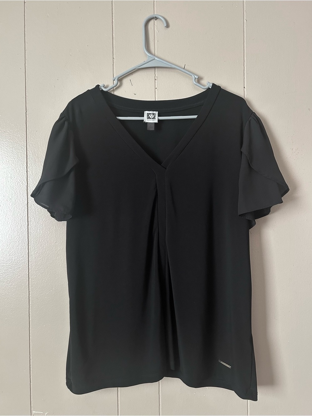 Anne Klein Black V-Neck Flutter Sleeve Blouse